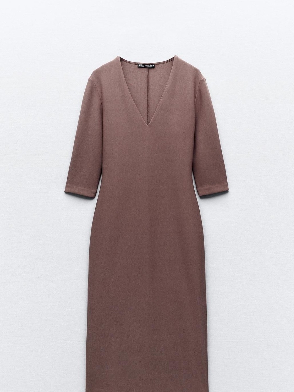 Zara Taupe Crepe V‑Neck Midi Dress